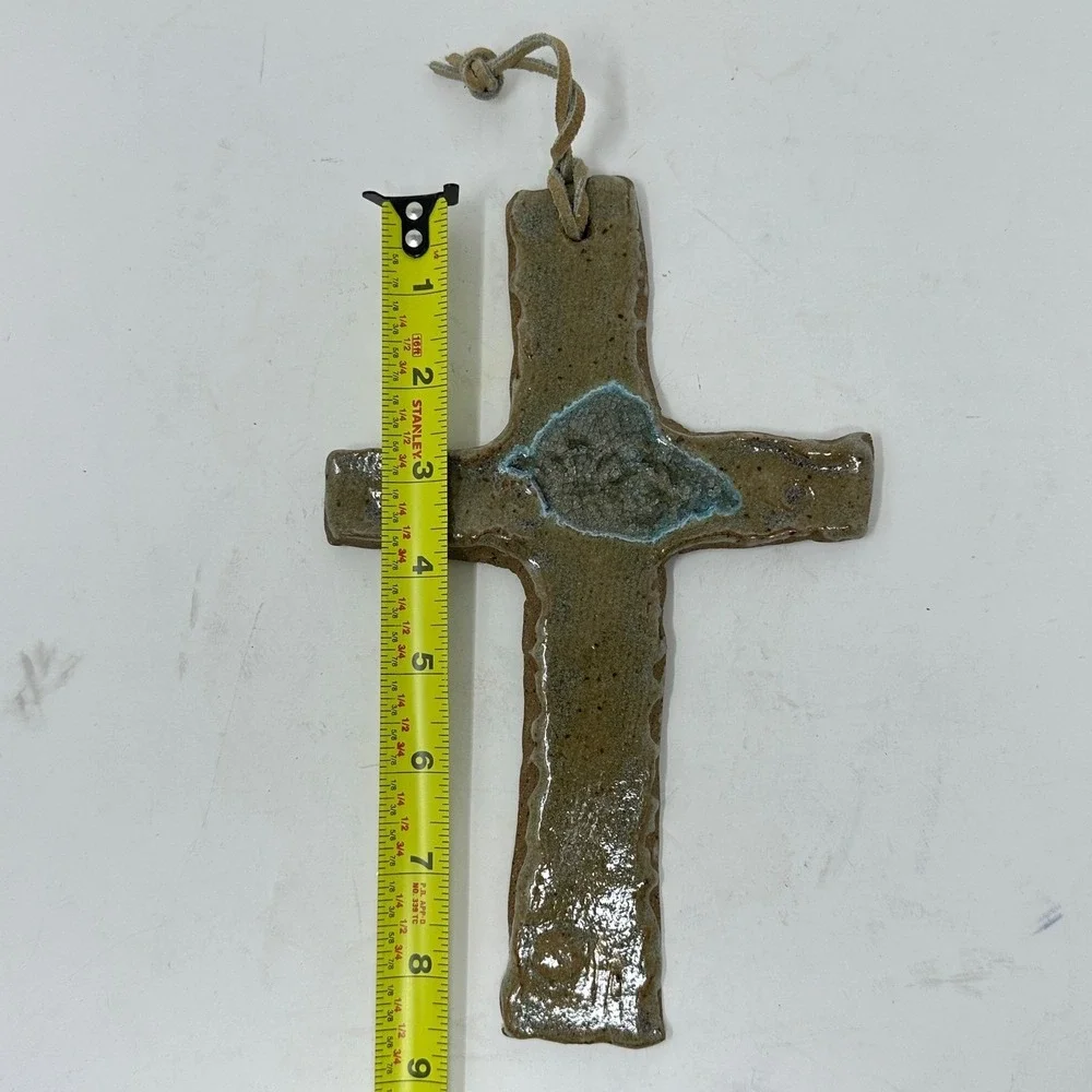 Artisan Studio Pottery Ceramic Wall Cross Melted Glass Geode Center Brown Teal